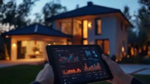 A stylish living room featuring smart home technology, including voice-controlled lighting, a smart thermostat, and a security camera display.