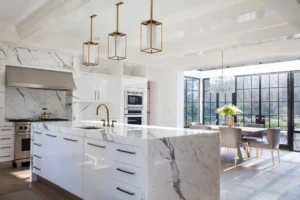 Luxury modern kitchen with marble island and professional appliances