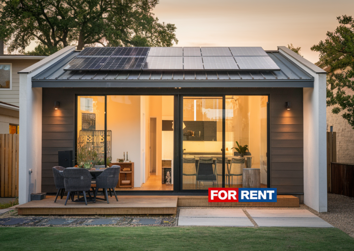 Modern ADU construction in Austin with solar panels and rental potential