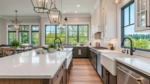 Luxury modern kitchen with marble island and professional appliances