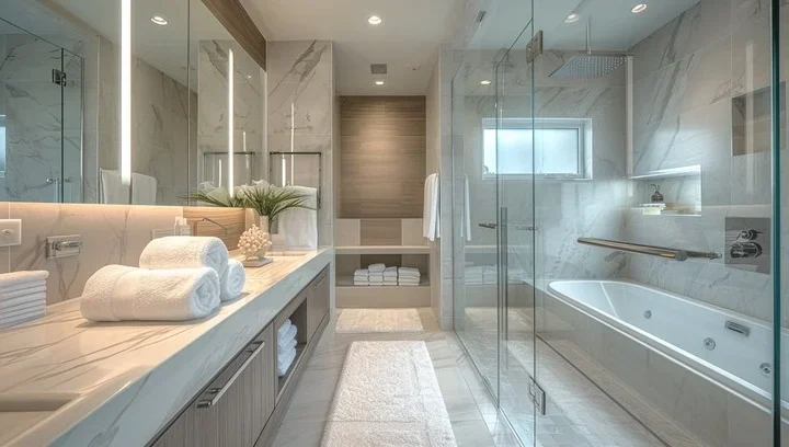 Luxurious modern bathroom with marble countertops, walk-in glass shower, and contemporary lighting.