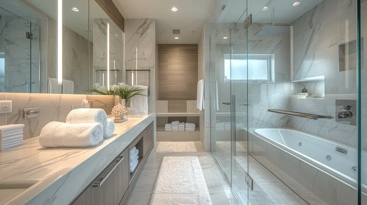 Luxurious modern bathroom with marble countertops, walk-in glass shower, and contemporary lighting.