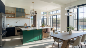 Modern open-concept kitchen with smart appliances and bold cabinetry in an Austin home.