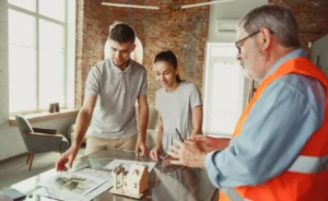 Homeowner consulting with a contractor over blueprints for a home renovation project.