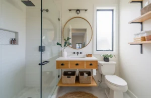 Space-saving Austin bathroom remodel with recessed niche and wall-mounted vanity