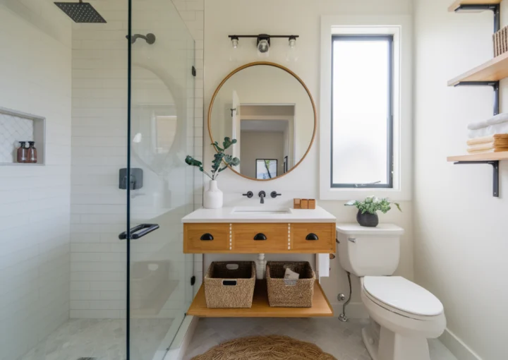 Space-saving Austin bathroom remodel with recessed niche and wall-mounted vanity