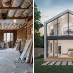 Before and after garage conversion to prefab ADU in Austin showing space transformation