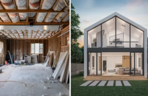 Before and after garage conversion to prefab ADU in Austin showing space transformation