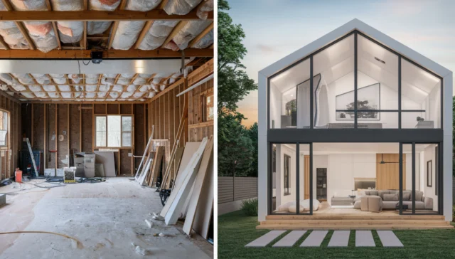 Before and after garage conversion to prefab ADU in Austin showing space transformation