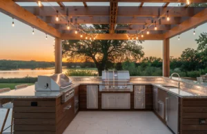 Durable outdoor kitchen in Austin with granite counters and stainless steel appliances under a pergola