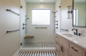 Modern accessible bathroom in Austin with curbless shower and stylish grab bars