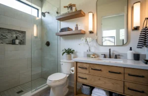 Modern Austin bathroom with clever storage solutions including floating shelves and vanity organizers