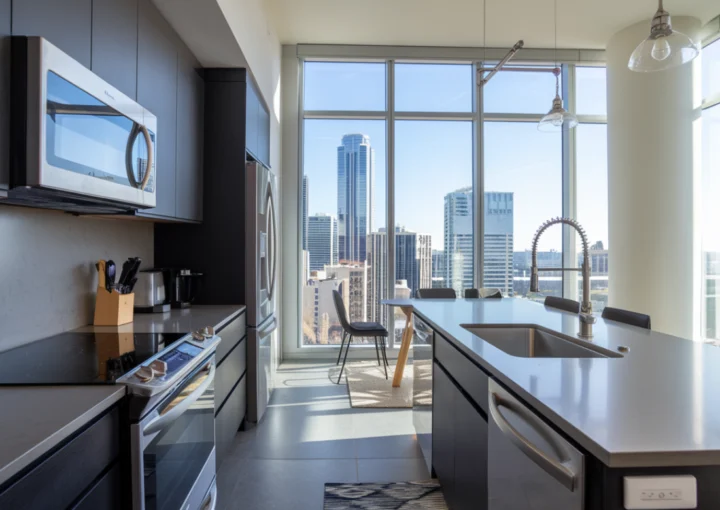 Modern Austin condo kitchen with space-saving 24" appliances installed by professionals