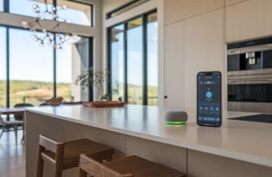Modern Austin kitchen with smart lighting, touchless faucet, and integrated voice control system