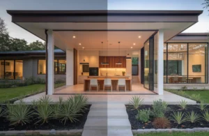 Before-after comparison of Austin home renovation showing dramatic property value increase with modern kitchen and outdoor living space upgrades