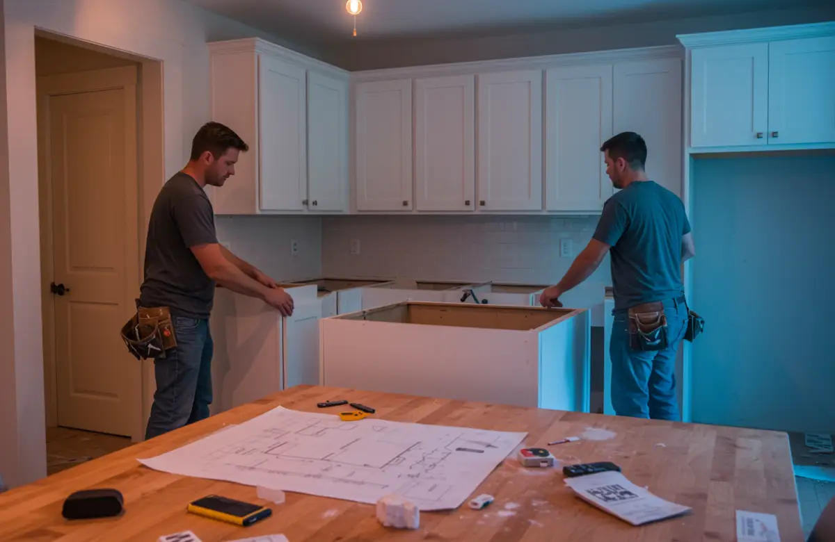 Austin home remodeling project with contractors upgrading a kitchen, showcasing modern design and expert craftsmanship