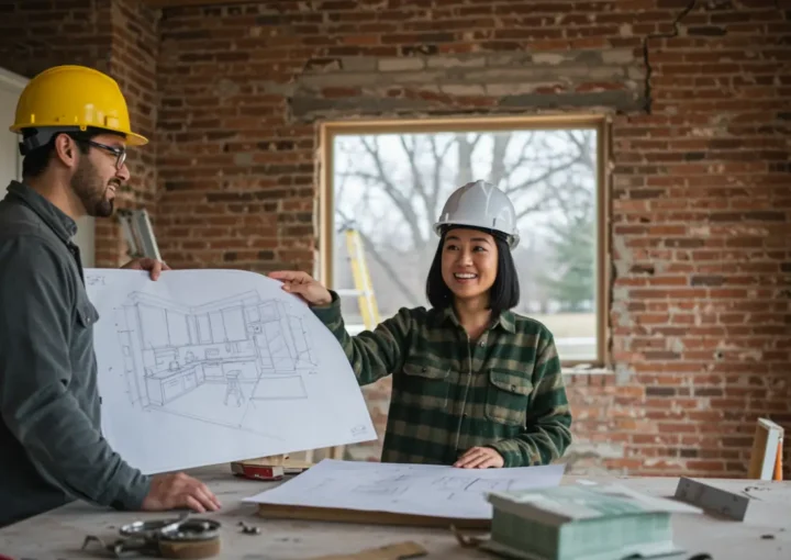 Austin home renovation in progress: contractors upgrading a kitchen with sunny interiors and design plans