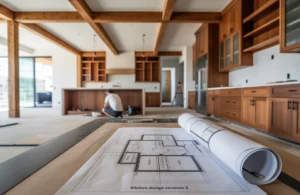 Austin whole-home remodel in progress: kitchen and living room renovation with contractors working.