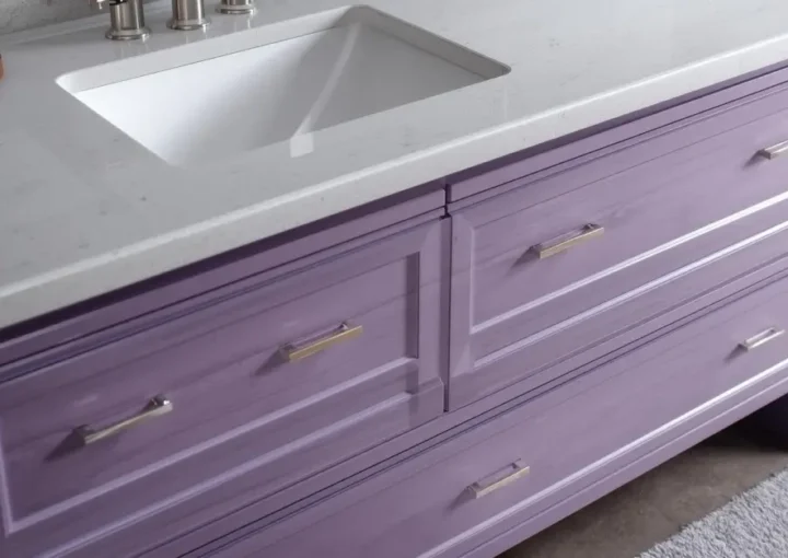 Modern 60-inch bathroom vanity with a single sink, light gray floors, and clean layout in a spacious, contemporary bathroom design.