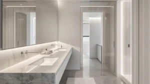 Bathroom remodeling with a double sink countertop, clean layout, light walls, and modern storage for daily comfort.