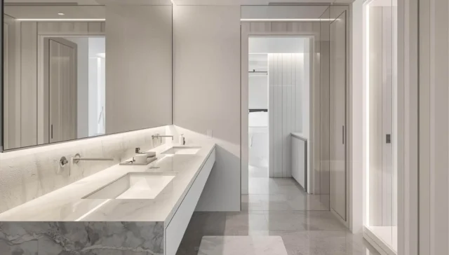 Bathroom remodeling with a double sink countertop, clean layout, light walls, and modern storage for daily comfort.