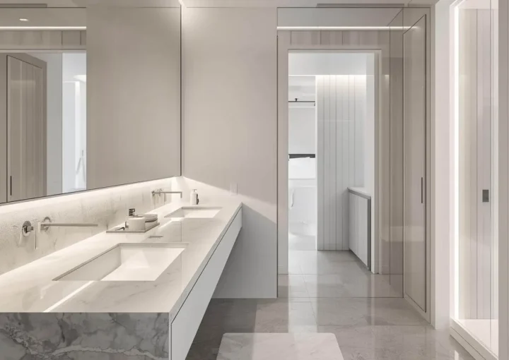 Bathroom remodeling with a double sink countertop, clean layout, light walls, and modern storage for daily comfort.