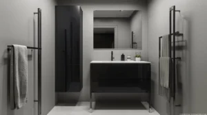 Bathroom Design With Grey 4x4 Wall Tile Black Vanity
