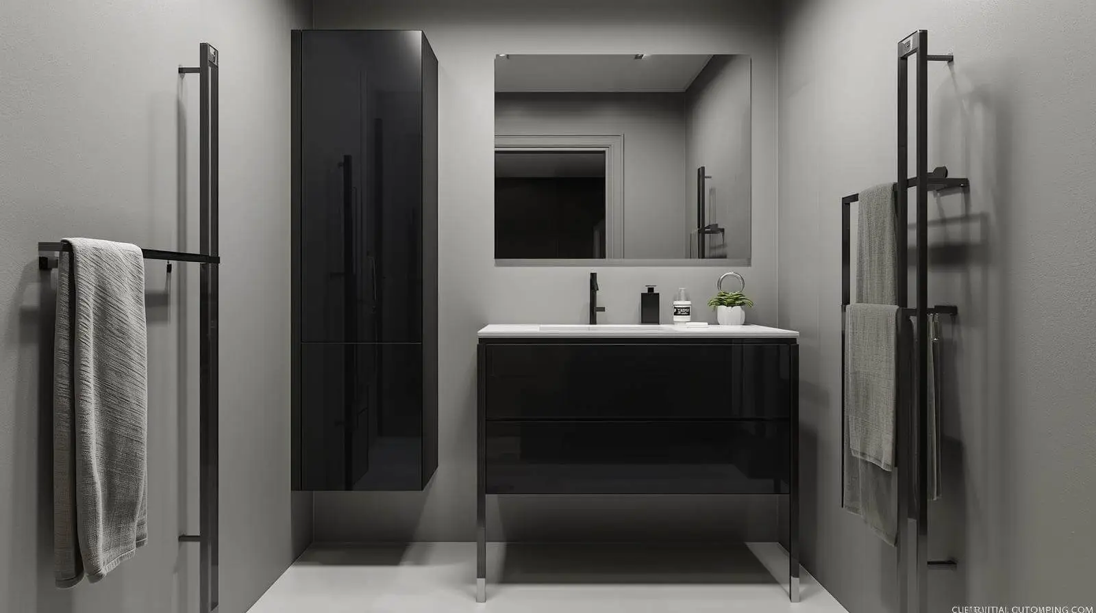 Bathroom Design With Grey 4x4 Wall Tile Black Vanity