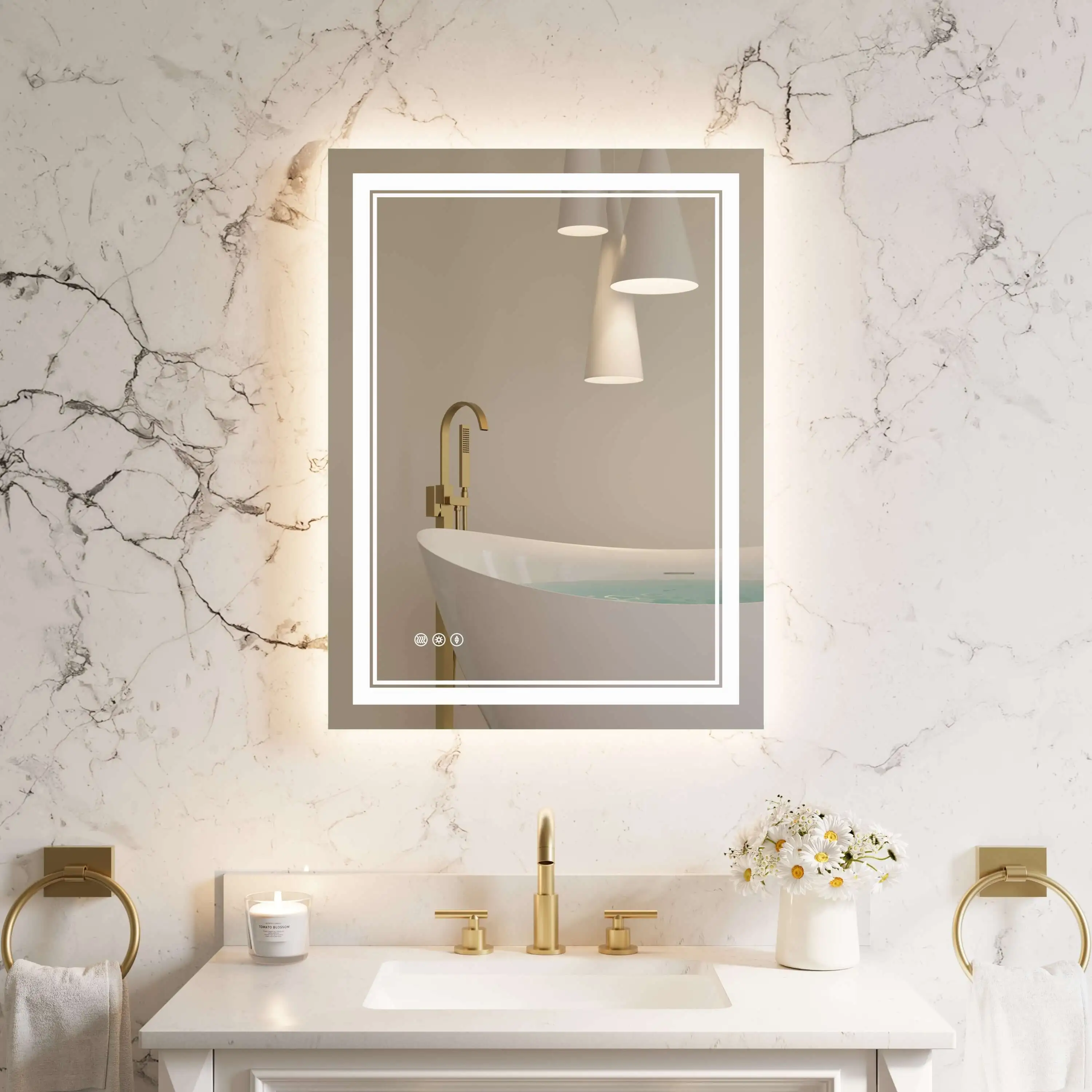 Bathroom mirror cabinet with LED lights and shaver socket installed during a modern bathroom remodel.