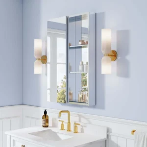 Modern bathroom remodeling with mirror cabinet and LED lights, clean layout, soft lighting, and hidden storage.