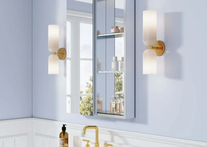 Modern bathroom remodeling with mirror cabinet and LED lights, clean layout, soft lighting, and hidden storage.
