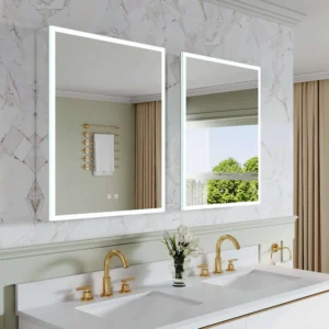 Bathroom remodeling project with vanity set and LED mirror cabinet providing storage and even lighting.