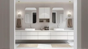 Bathroom remodeling project with a double sink vanity and quartz countertop for long-term use and easy care.