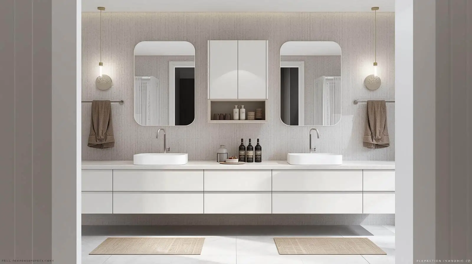 Bathroom remodeling project with a double sink vanity and quartz countertop for long-term use and easy care.