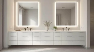 Bathroom remodeling project with a double sink vanity and quartz countertop for long-term use and easy care.