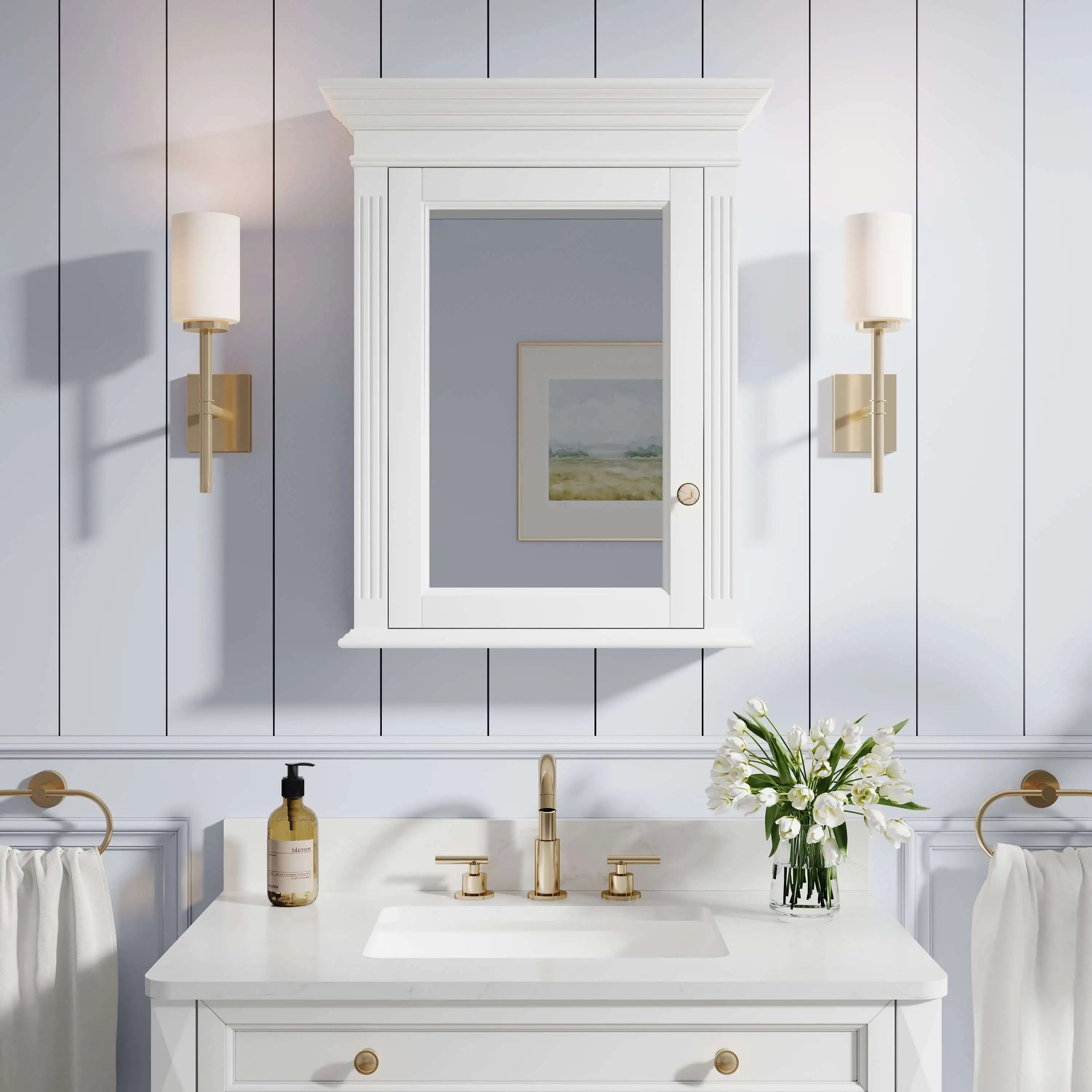 Bathroom remodeling showing a LED lighted medicine cabinet with mirror and organized wall storage.