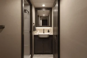 A compact RV bathroom remodel in Austin focused on space-saving layout, light colors, and durable finishes for daily comfort.