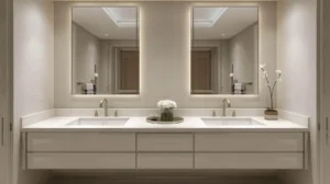 Shared bathroom remodeling layout with double sink countertop and balanced spacing for two users.