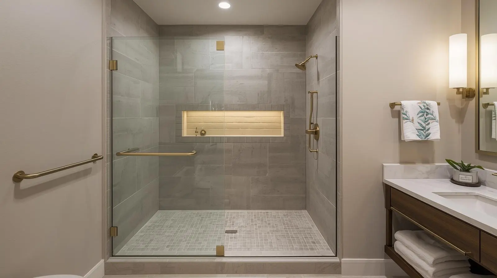 Luxury wheelchair accessible bathroom remodel Austin with roll-in shower and frameless glass layout