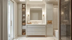 Bathroom vanity with matching linen cabinets, quartz countertop, and sleek design in a modern luxury home.