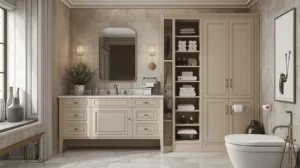 Bathroom featuring a matching vanity and linen cabinet with ample storage space for towels and essentials.
