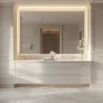 Space-efficient bathroom design with a 60-inch vanity and matching linen cabinet, perfect for small bathrooms.