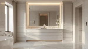Space-efficient bathroom design with a 60-inch vanity and matching linen cabinet, perfect for small bathrooms.