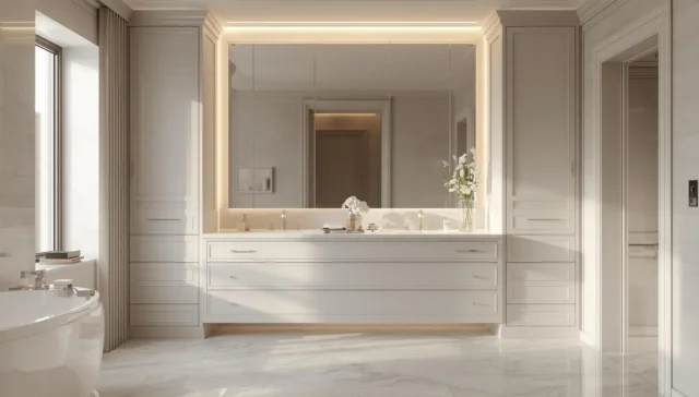 Space-efficient bathroom design with a 60-inch vanity and matching linen cabinet, perfect for small bathrooms.