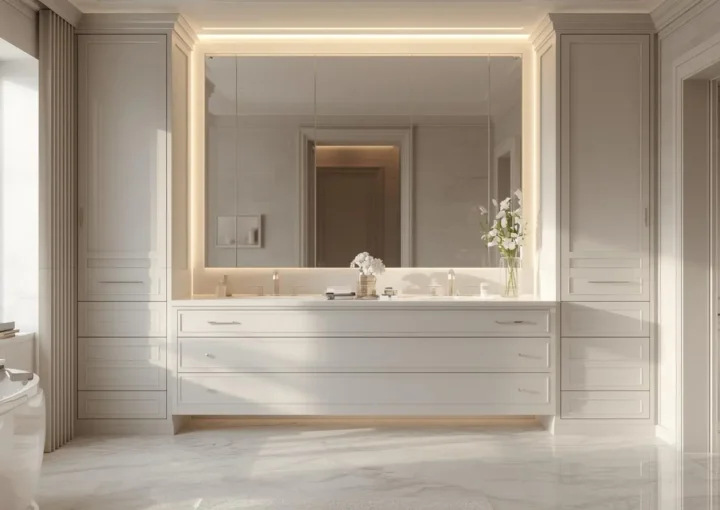 Space-efficient bathroom design with a 60-inch vanity and matching linen cabinet, perfect for small bathrooms.