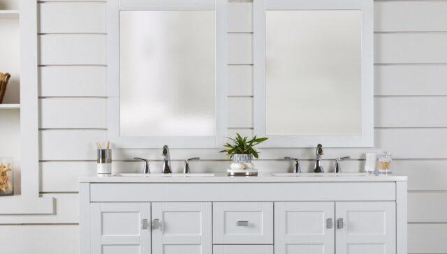 Diamond bathroom cabinets installed in a modern bathroom remodel with clean lines, durable storage, and balanced layout.