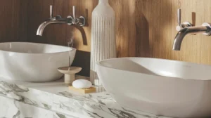 Updated Fixtures and Hardware for a Modern Powder Room Look