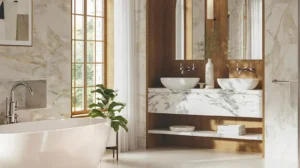 Maximized Storage with Floating Shelves and Modern Vanity