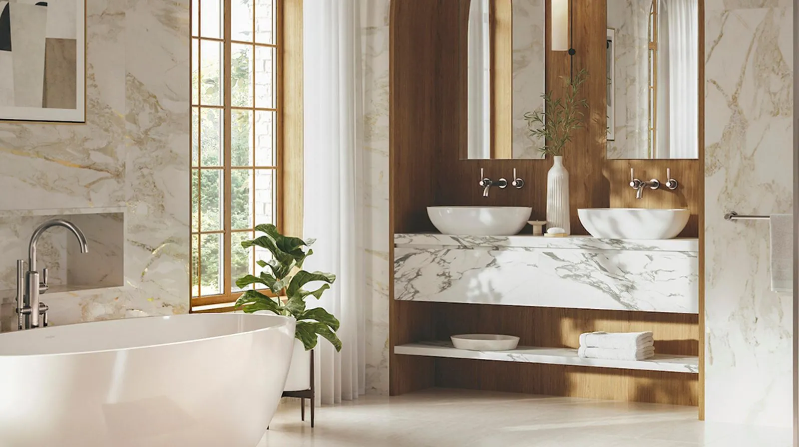 Maximized Storage with Floating Shelves and Modern Vanity