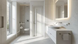 Wheelchair accessible bathroom remodeling with floating vanity and open knee clearance in Austin